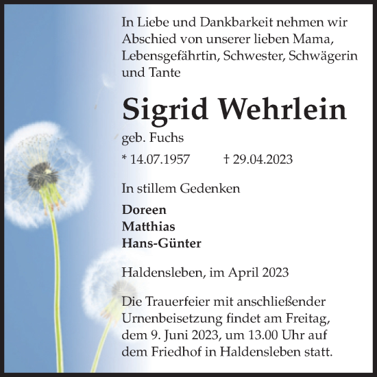 Traueranzeige von Sigrid Wehrlein von Volksstimme Haldensleben/Wolmirstedt