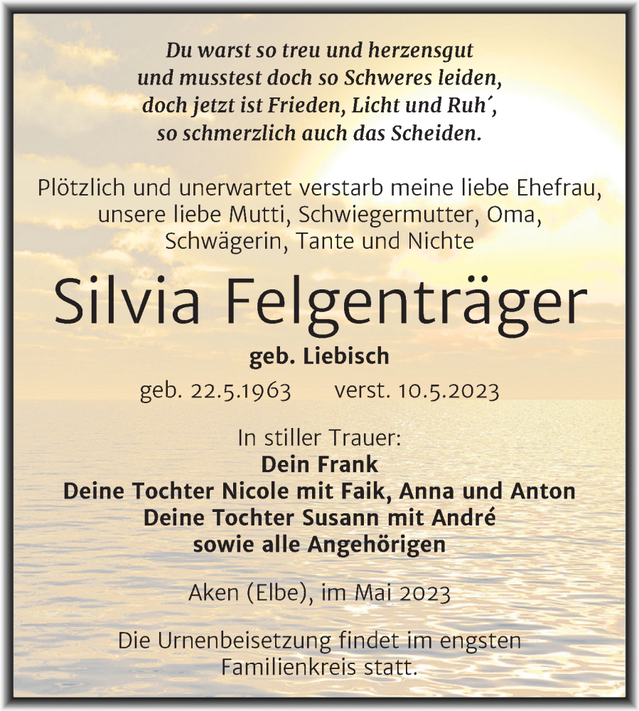  Traueranzeige für Silvia Felgenträger vom 16.05.2023 aus Trauerkombi Köthen