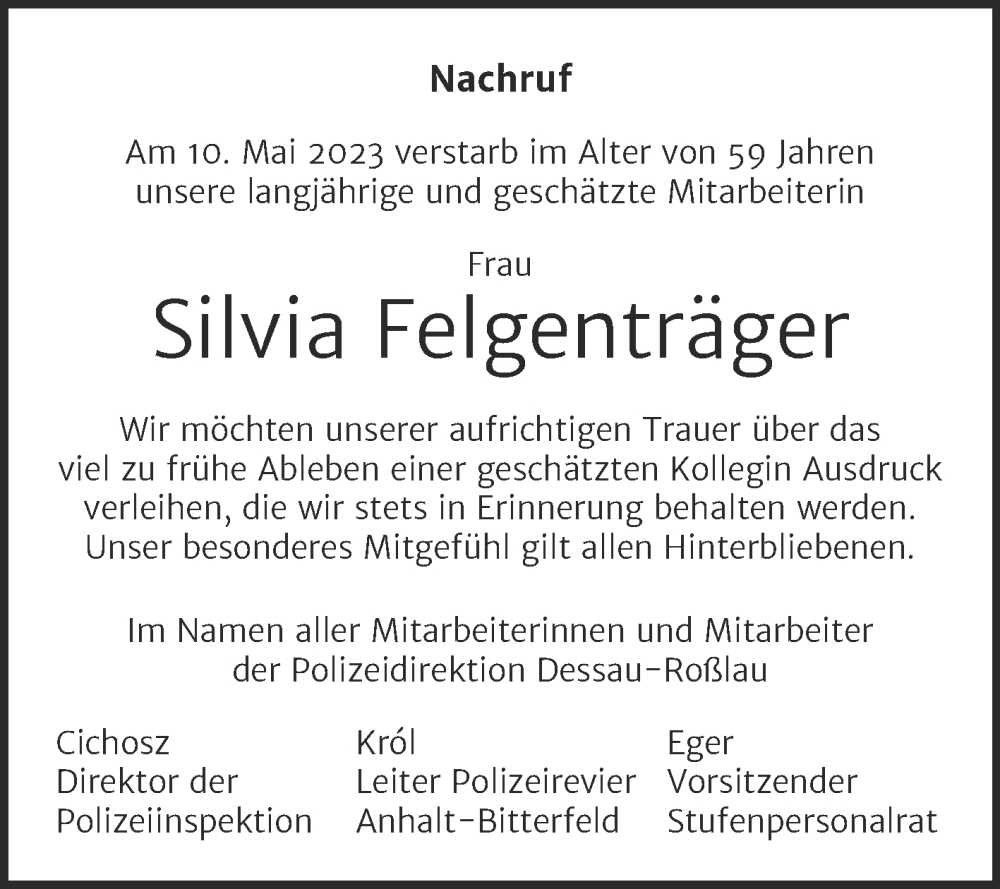  Traueranzeige für Silvia Felgenträger vom 22.05.2023 aus Mitteldeutsche Zeitung Köthen