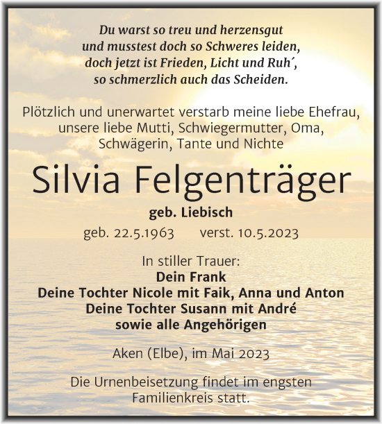 Traueranzeige von Silvia Felgenträger von Trauerkombi Köthen
