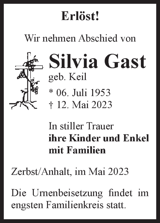 Traueranzeige von Silvia Gast von Volksstimme Zerbst
