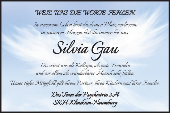 Traueranzeige von Silvia Gau von Wochenspiegel Naumburg/Nebra