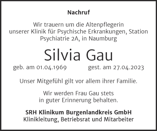 Traueranzeige von Silvia Gau von Naumburger Tageblatt