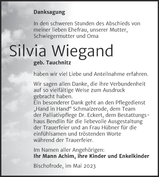 Traueranzeige von Silvia Wiegand von Trauerkombi Mansfelder Land