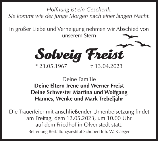 Traueranzeige von Solveig Freist von Volksstimme Magdeburg