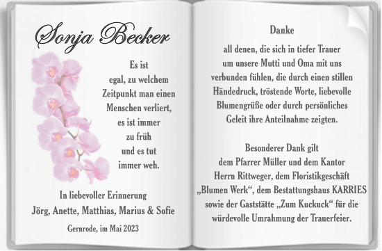 Traueranzeige von Sonja Becker von Trauerkombi Quedlinburg