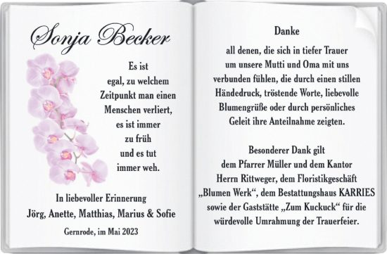 Traueranzeige von Sonja Becker von Trauerkombi Quedlinburg