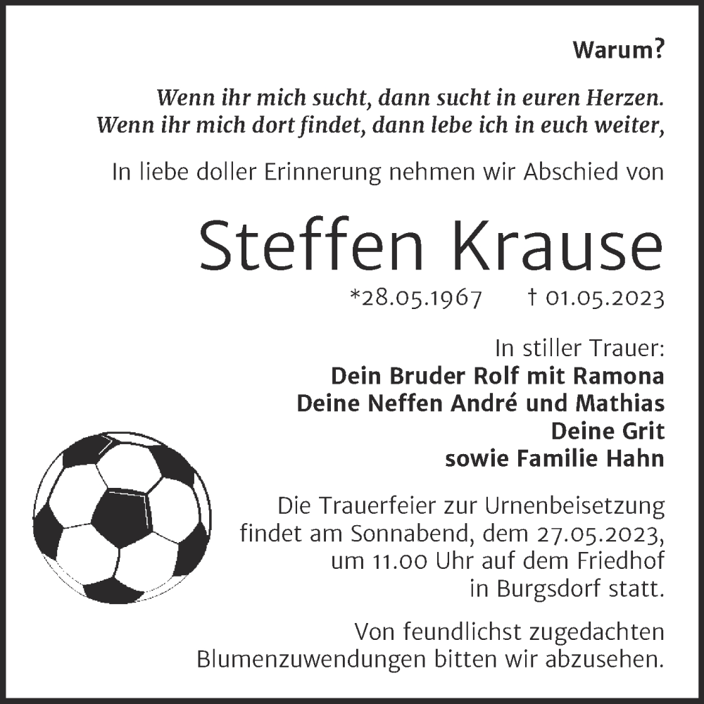  Traueranzeige für Steffen Krause vom 20.05.2023 aus Trauerkombi Mansfelder Land