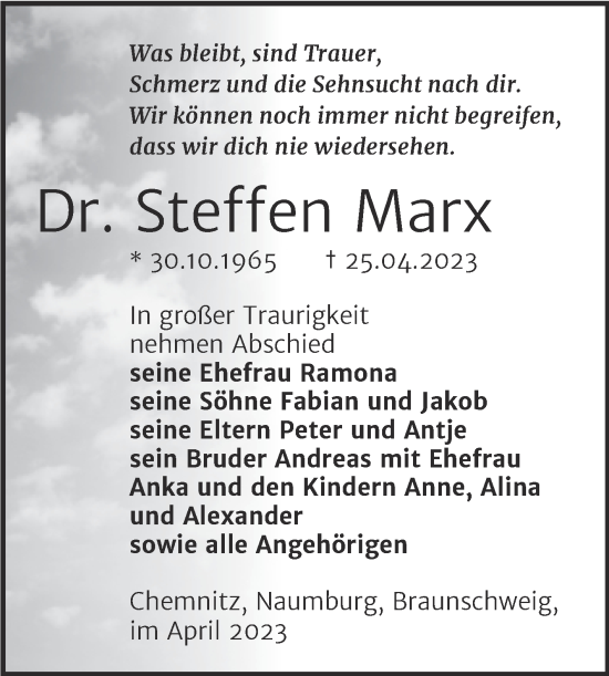 Traueranzeige von Steffen Marx von Wochenspiegel Naumburg/Nebra