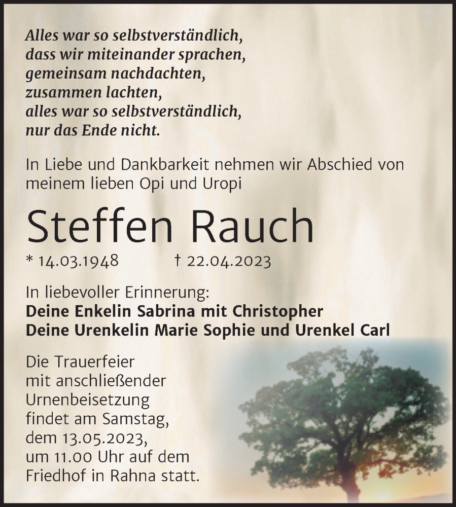  Traueranzeige für Steffen Rauch vom 06.05.2023 aus Trauerkombi Weißenfels