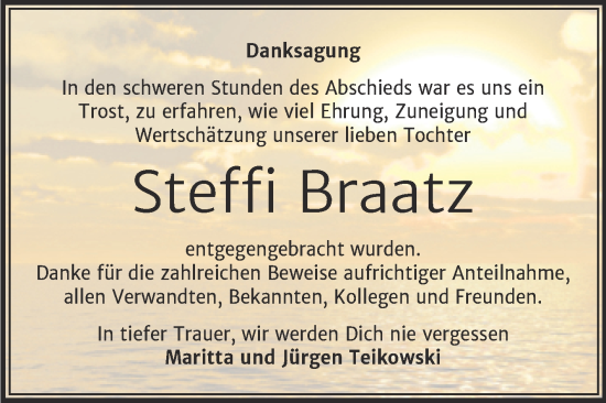 Traueranzeige von Steffi Braatz von Mitteldeutsche Zeitung Halle/Saalkreis
