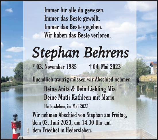 Traueranzeige von Stephan Behrens von Trauerkombi Quedlinburg