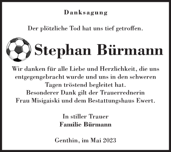 Traueranzeige von Stephan Bürmann von Volksstimme Burg/Genthin