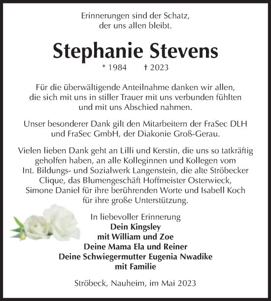 Traueranzeige von Stephanie Stevens von Volksstimme Halberstadt