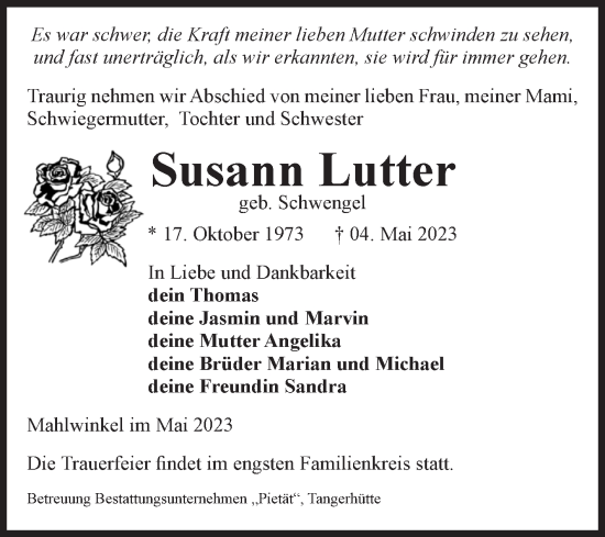 Traueranzeige von Susann Lutter von Volksstimme Altmark Ost