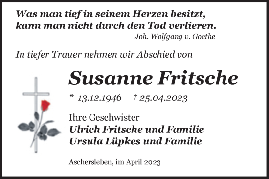 Traueranzeige von Susanne Fritsche von Trauerkombi Aschersleben