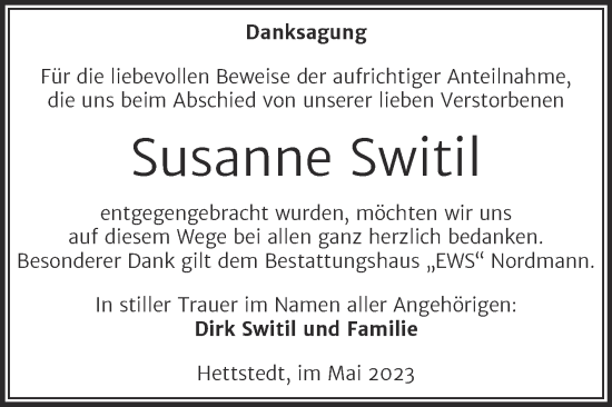 Traueranzeige von Susanne Switil von Trauerkombi Mansfelder Land