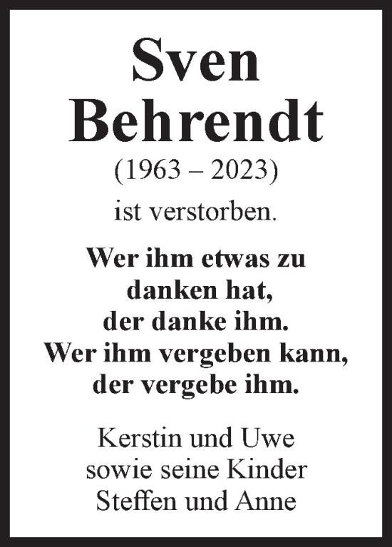 Traueranzeige von Sven Behrendt von Volksstimme Haldensleben/Wolmirstedt