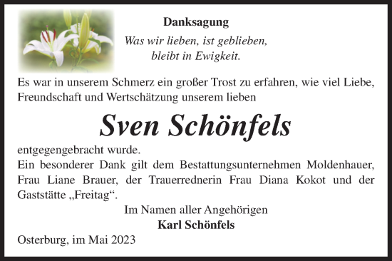 Traueranzeige von Sven Schönfels von Volksstimme Altmark Ost