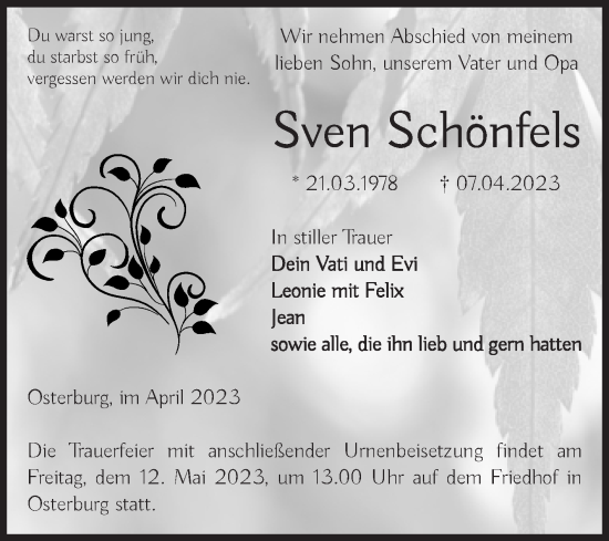 Traueranzeige von Sven Schönfels von Volksstimme Altmark Ost