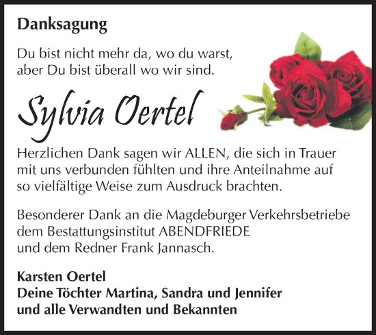 Traueranzeige von Sylvia Oertel von Volksstimme Magdeburg