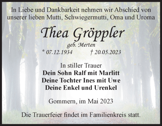 Traueranzeige von Thea Gröppler von Volksstimme Burg/Genthin