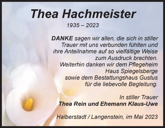 Traueranzeige von Thea Hachmeister von Volksstimme Halberstadt