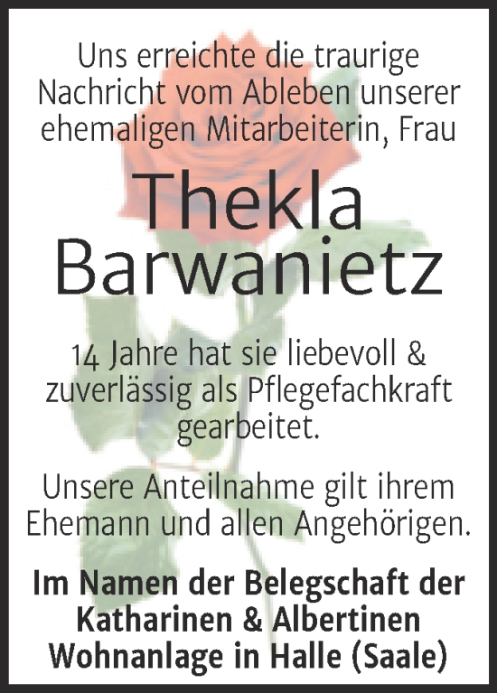 Traueranzeige von Thekla Barwanietz von Mitteldeutsche Zeitung Halle/Saalkreis