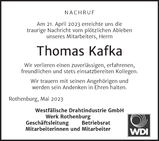 Traueranzeige von Thomas Kafka von Mitteldeutsche Zeitung Halle/Saalkreis