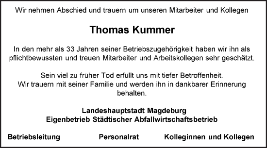 Traueranzeige von Thomas Kummer von Volksstimme Magdeburg