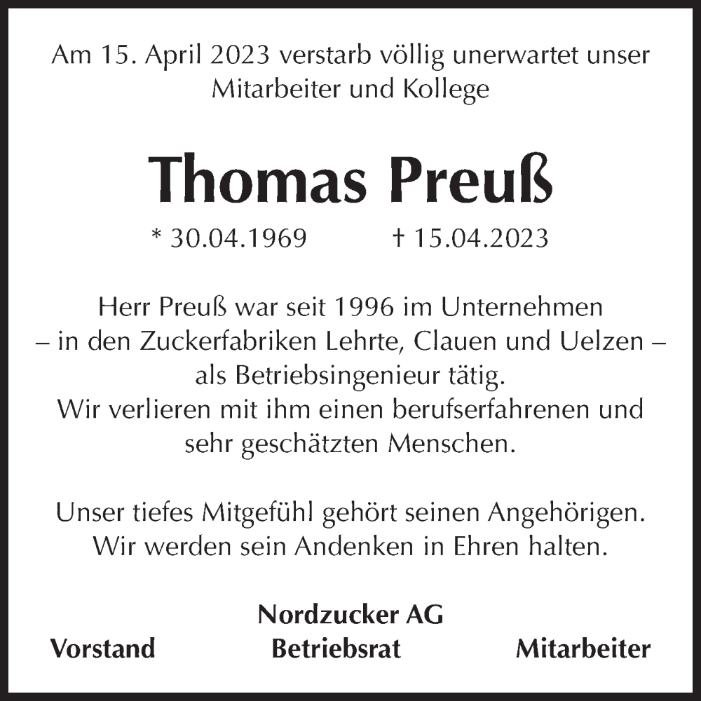  Traueranzeige für Thomas Preuß vom 06.05.2023 aus Volksstimme Oschersleben/Wanzleben