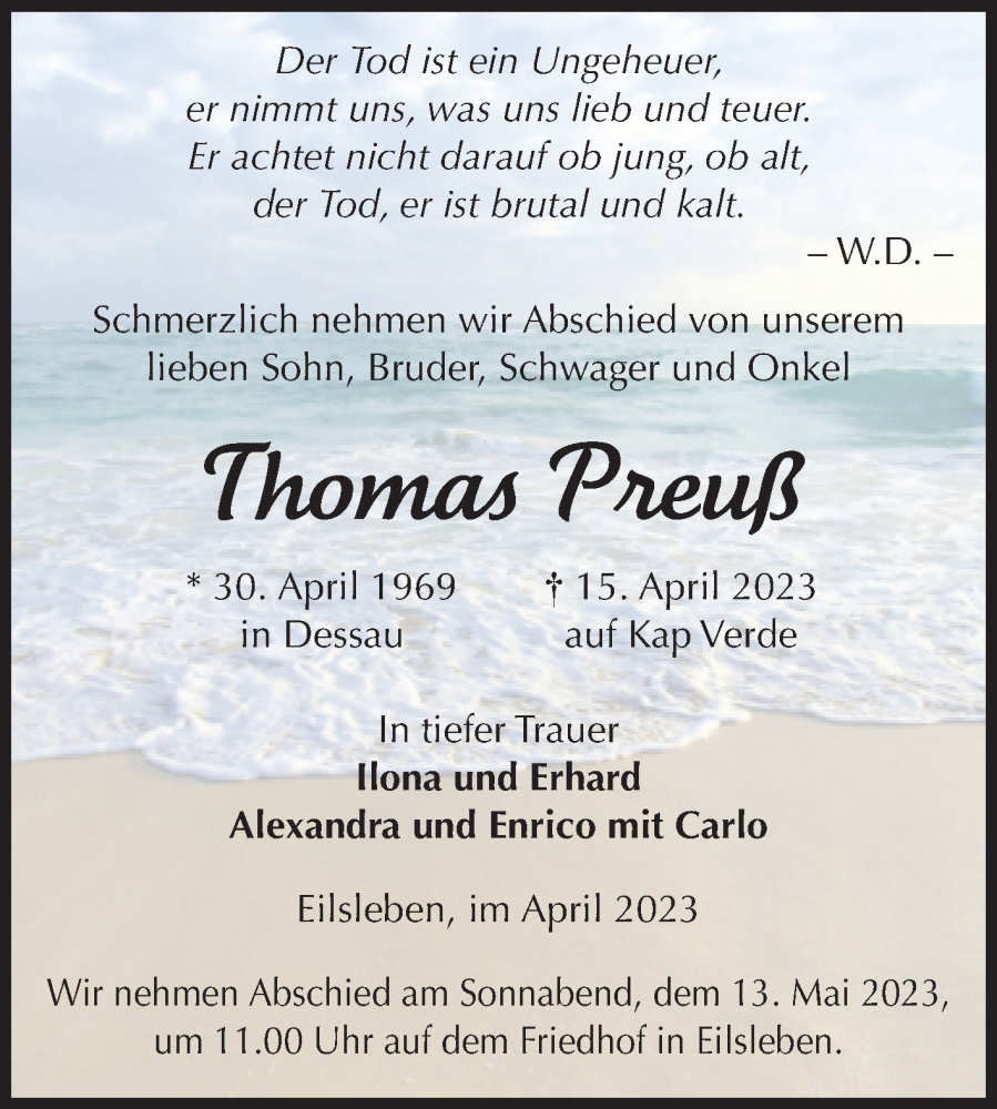  Traueranzeige für Thomas Preuß vom 06.05.2023 aus Volksstimme Oschersleben/Wanzleben