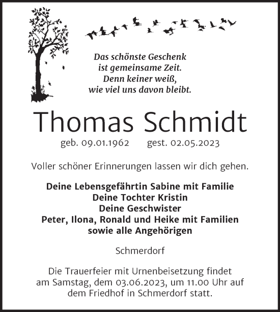 Traueranzeige von Thomas Schmidt von Wochenspiegel Naumburg/Nebra