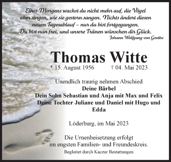 Traueranzeige von Thomas Witte von Volksstimme Staßfurt