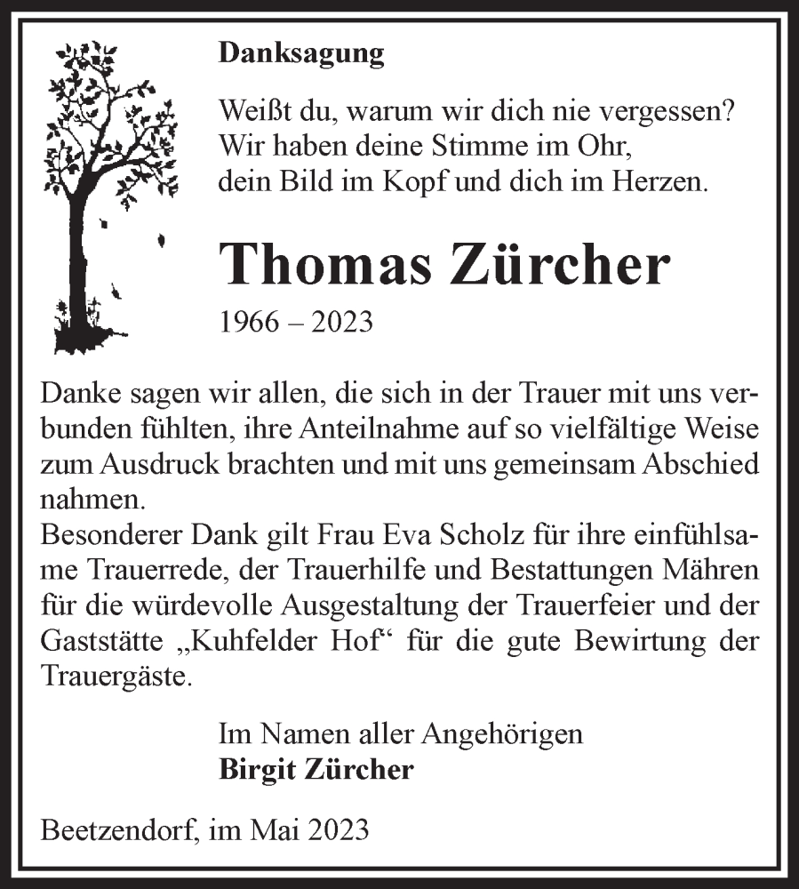  Traueranzeige für Thomas Zürcher vom 26.05.2023 aus Volksstimme Altmark West