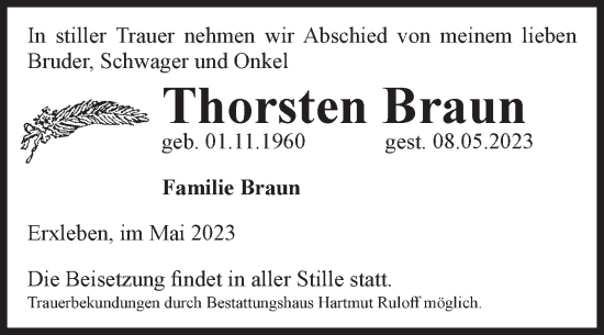 Traueranzeige von Thorsten Braun von Volksstimme Haldensleben/Wolmirstedt