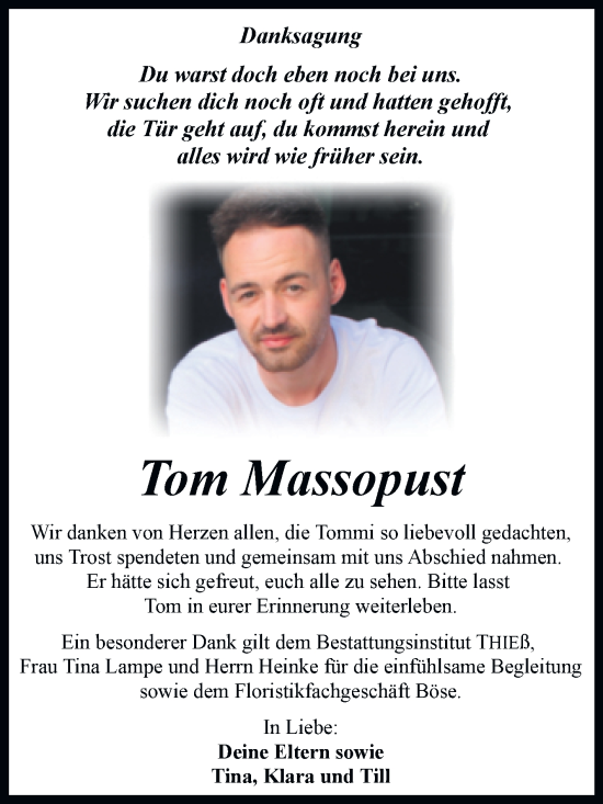 Traueranzeige von Tom Massopust von Trauerkombi Quedlinburg