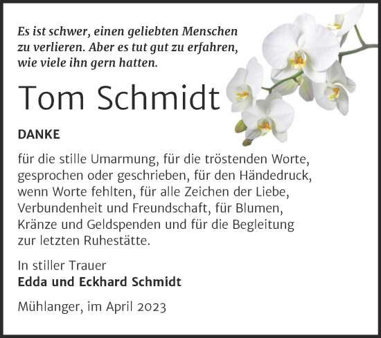 Traueranzeige von Tom Schmidt von Trauerkombi Wittenberg
