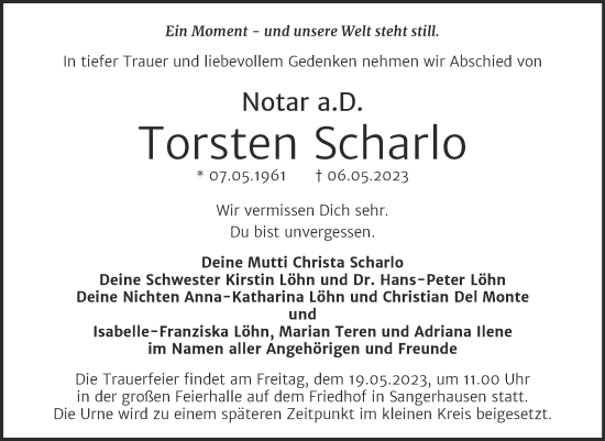 Traueranzeige von Torsten Scharlo von Mitteldeutsche Zeitung Halle/Saalkreis
