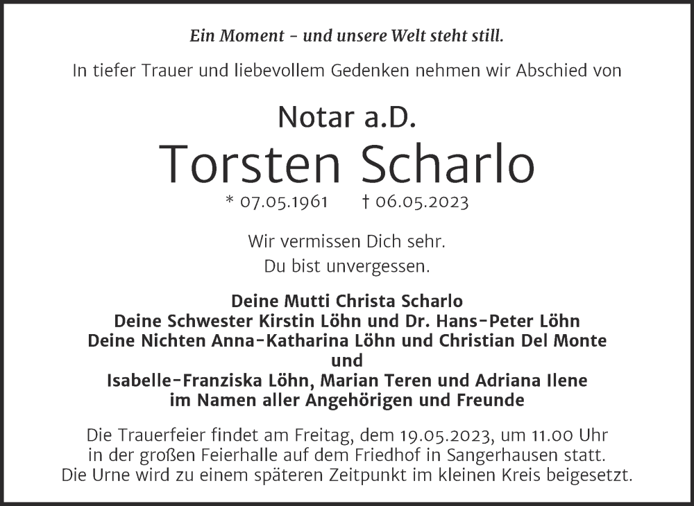  Traueranzeige für Torsten Scharlo vom 13.05.2023 aus Mitteldeutsche Zeitung Halle/Saalkreis