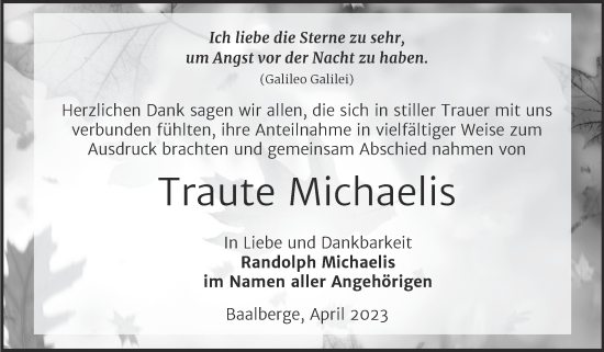 Traueranzeige von Traute Michaelis von Trauerkombi Bernburg