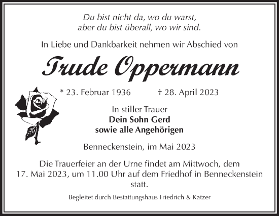 Traueranzeige von Trude Oppermann von Volksstimme Wernigerode