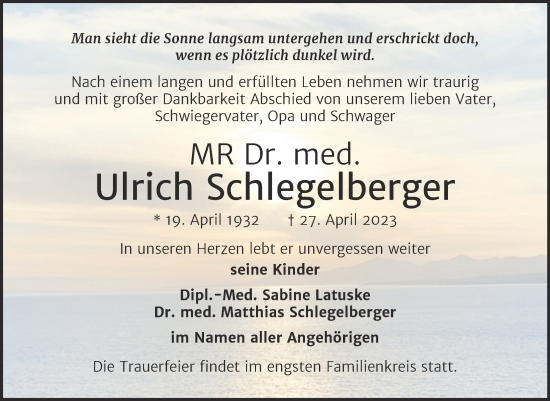 Traueranzeige von Ulrich Schlegelberger von Naumburger Tageblatt