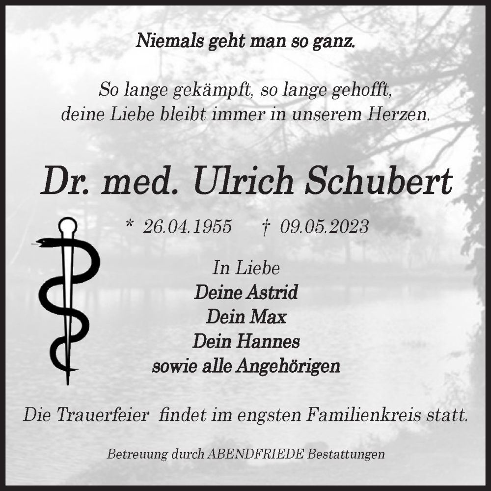  Traueranzeige für Ulrich Schubert vom 27.05.2023 aus Volksstimme Magdeburg