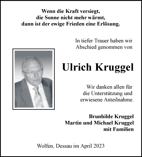 Traueranzeige von Ulrich Kruggel Kruggel von Wochenspiegel Bitterfeld
