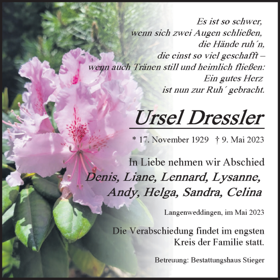 Traueranzeige von Ursel Dressler von Volksstimme Oschersleben/Wanzleben