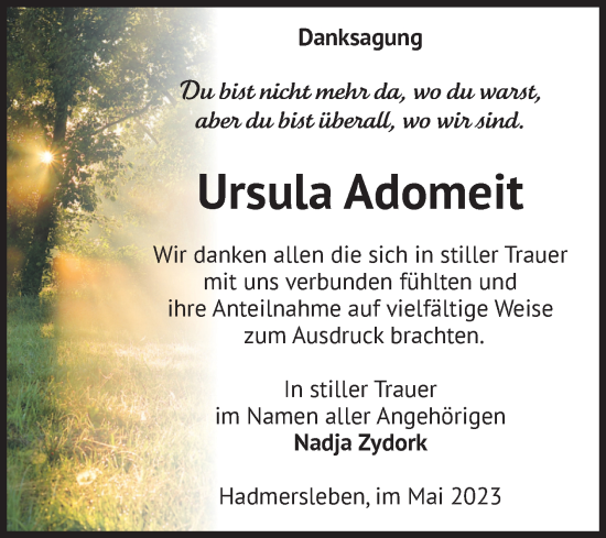 Traueranzeige von Ursula Adomeit von Volksstimme Oschersleben/Wanzleben