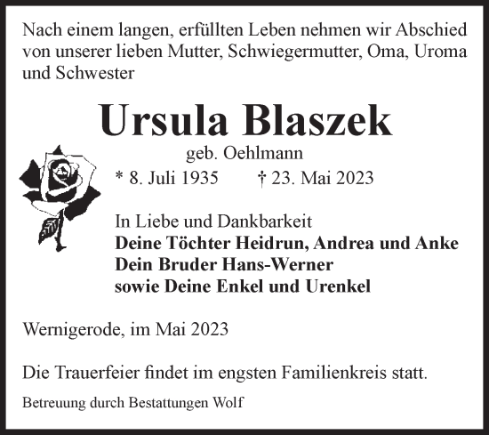 Traueranzeige von Ursula Blaszek von Volksstimme Wernigerode