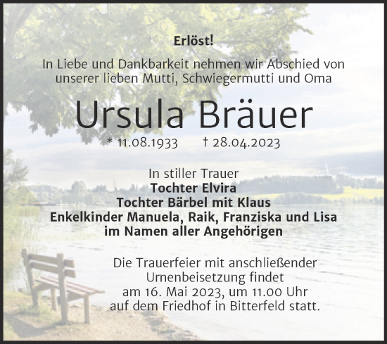 Traueranzeige von Ursula Bräuer von Trauerkombi Bitterfeld