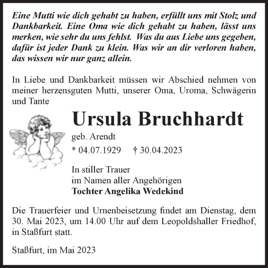 Traueranzeige von Ursula Bruchhardt von Volksstimme Staßfurt